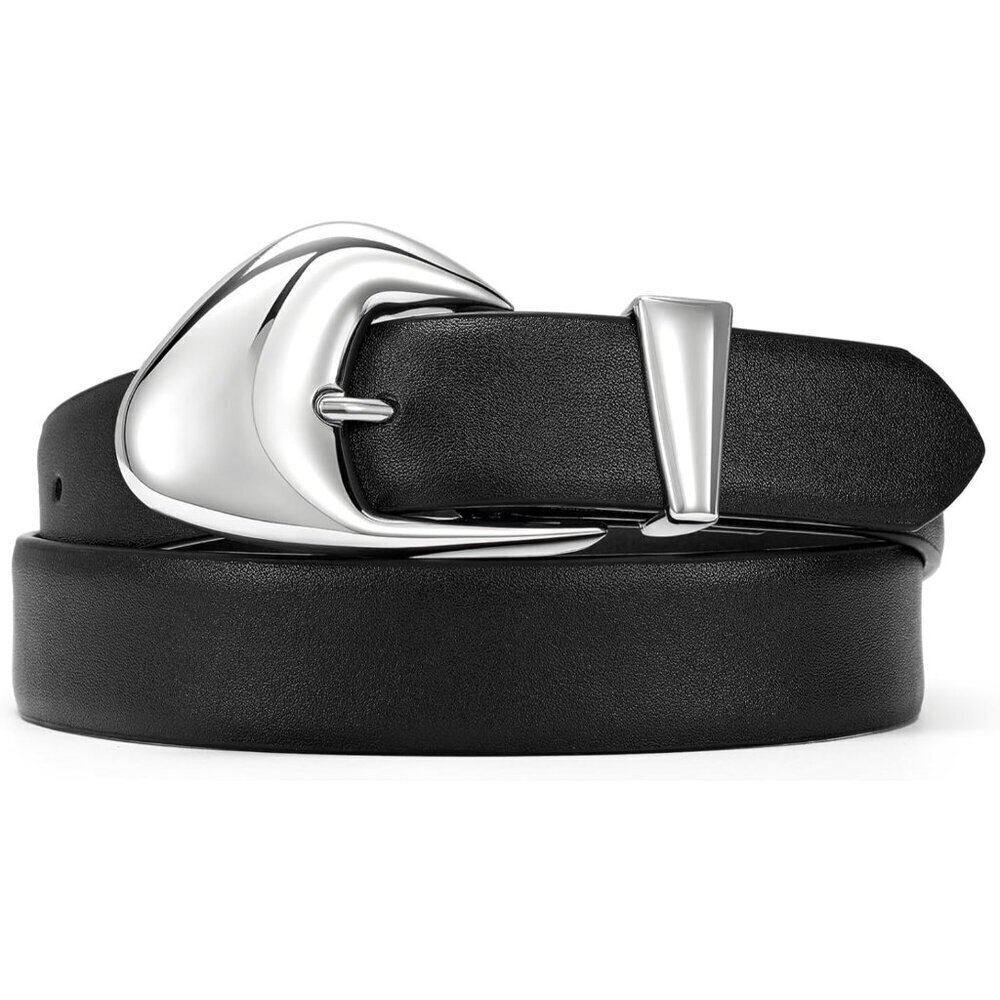 Women's Black Jeans Pants Fashion Ladies Dress Leather Belt with Silver Buckle